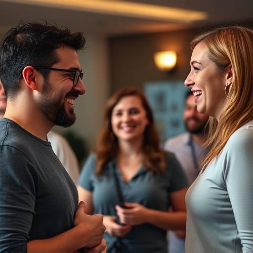 Participants à un atelier d'improvisation théâtrale, souriant et engagé dans une scène