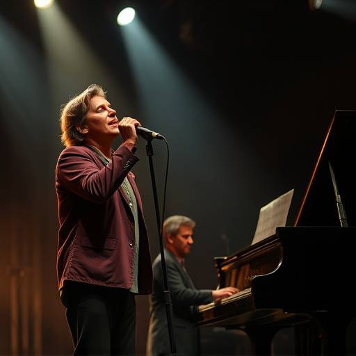 Un acteur chantant avec passion sur scène, accompagné d'un pianiste